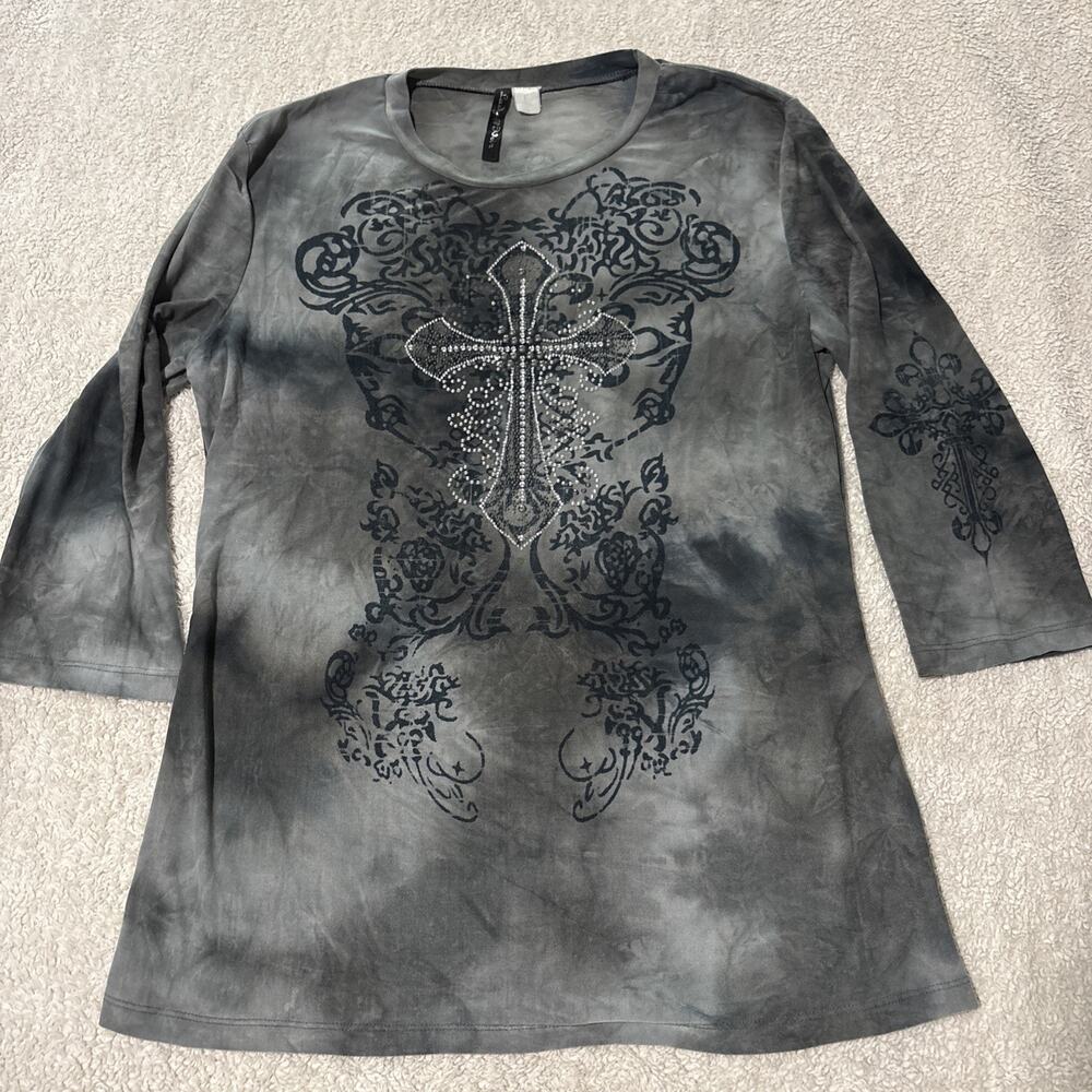 Lady Noir Bedazzled Cross Old School Print Y2K Large Shirt